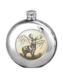6oz Scrimshaw Style Stag Round Hip Flask in Pewter